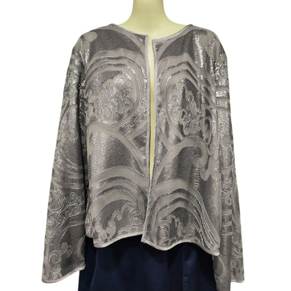 Chico's Travelers Collection‎ Sequined Open Front Jacket, Silver, Sz 3 (16)